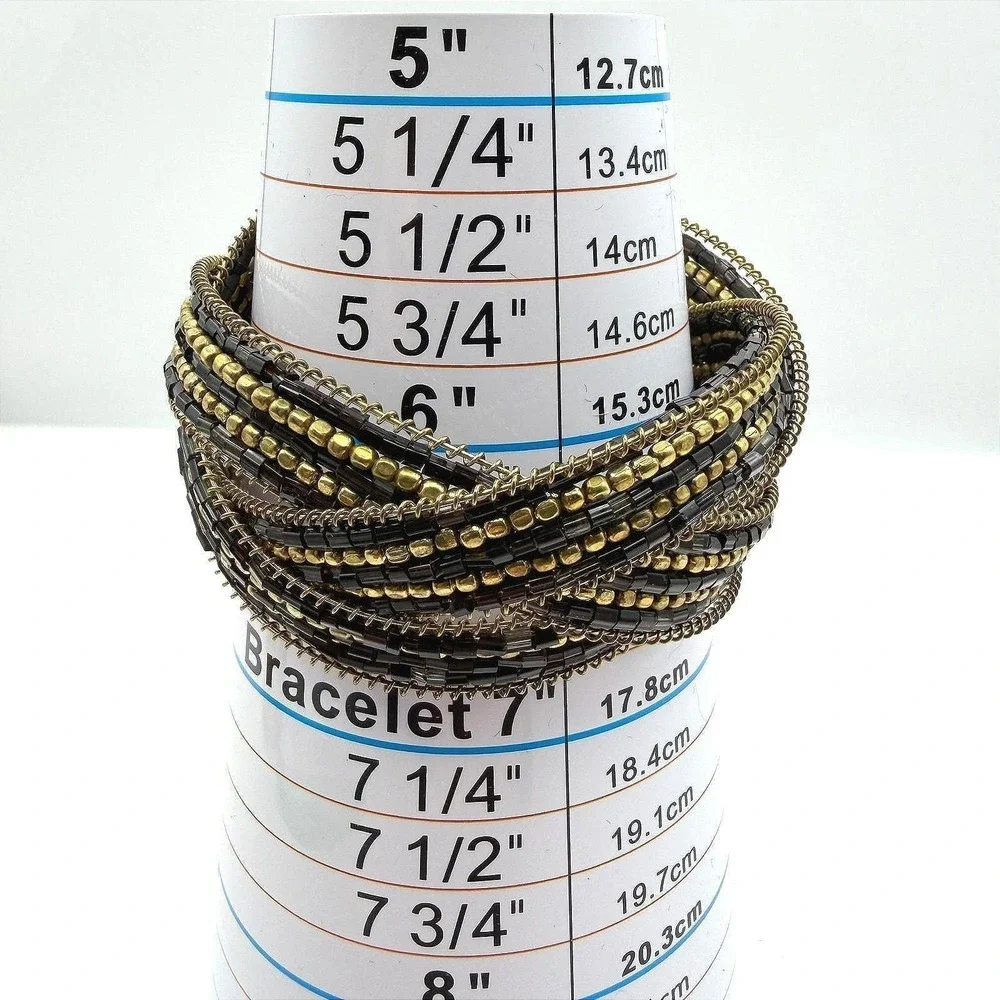 Vintage Cuff Wrap Beaded Braided Bracelet Black Gold Tone‎ Flexible Boho Unisex